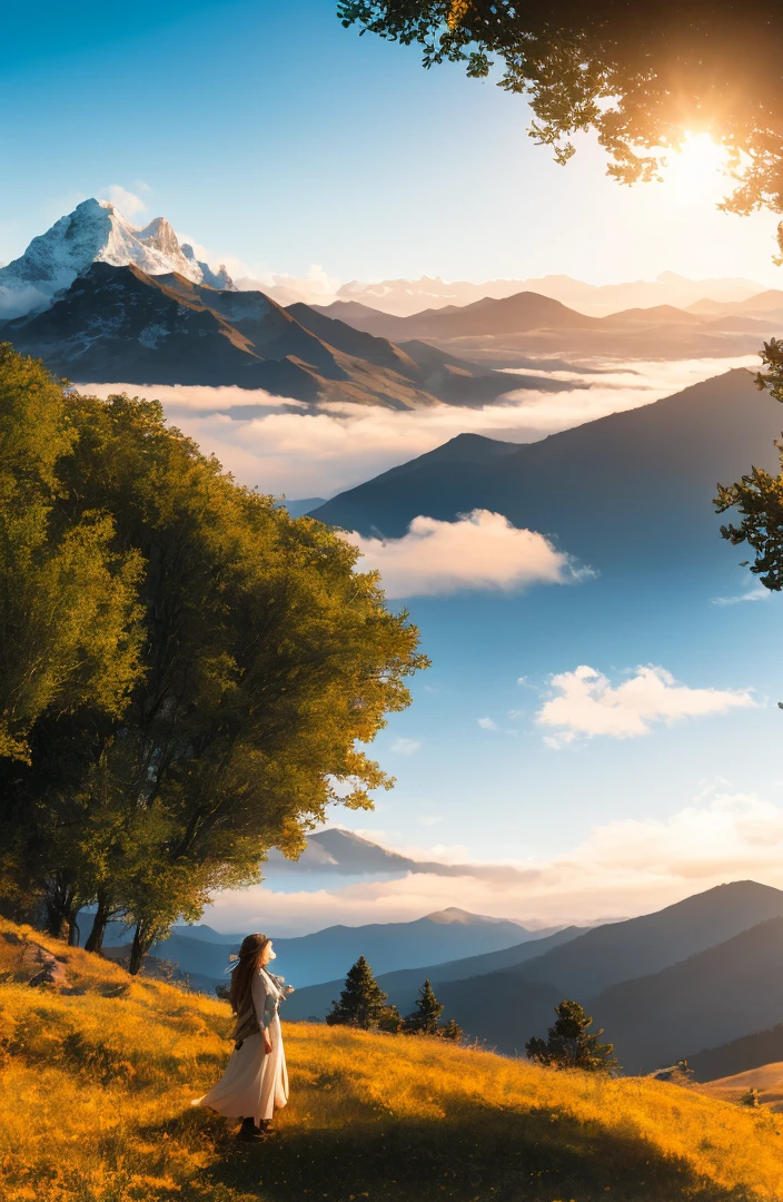 Imagine a breathtaking scene where a young girl stands on top of a majestic mountain, capturing the essence of a mid-journey. The mountain is tall and grand, its peaks reaching towards the heavens, partially obscured by fluffy white clouds. The girl, dressed in outdoor attire, gazes out into the vast expanse before her. The sunlight bathes the landscape, casting a warm golden glow on everything it touches. She stands with confidence and a sense of wonder, her hair gently tousled by the mountain breeze. In the distance, rolling hills and verdant forests stretch as far as the eye can see, hinting at the long road that lies ahead. The girl's face reflects determination and anticipation, as if she's embracing the challenges that await her on her journey. The picture captures a moment frozen in time, symbolizing the start of an adventure, filled with possibilities and personal growth.