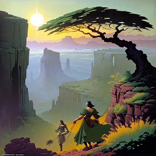 A long creeping vine with striking gray-green leaves and beautiful amber flowers twines up towards the sunrise in a rocky landscape of a mesa, old retro pulp style, vintage fantasy, Angus McBride and Hildebrandt artworks, retro-fantasy world, extremely high details,