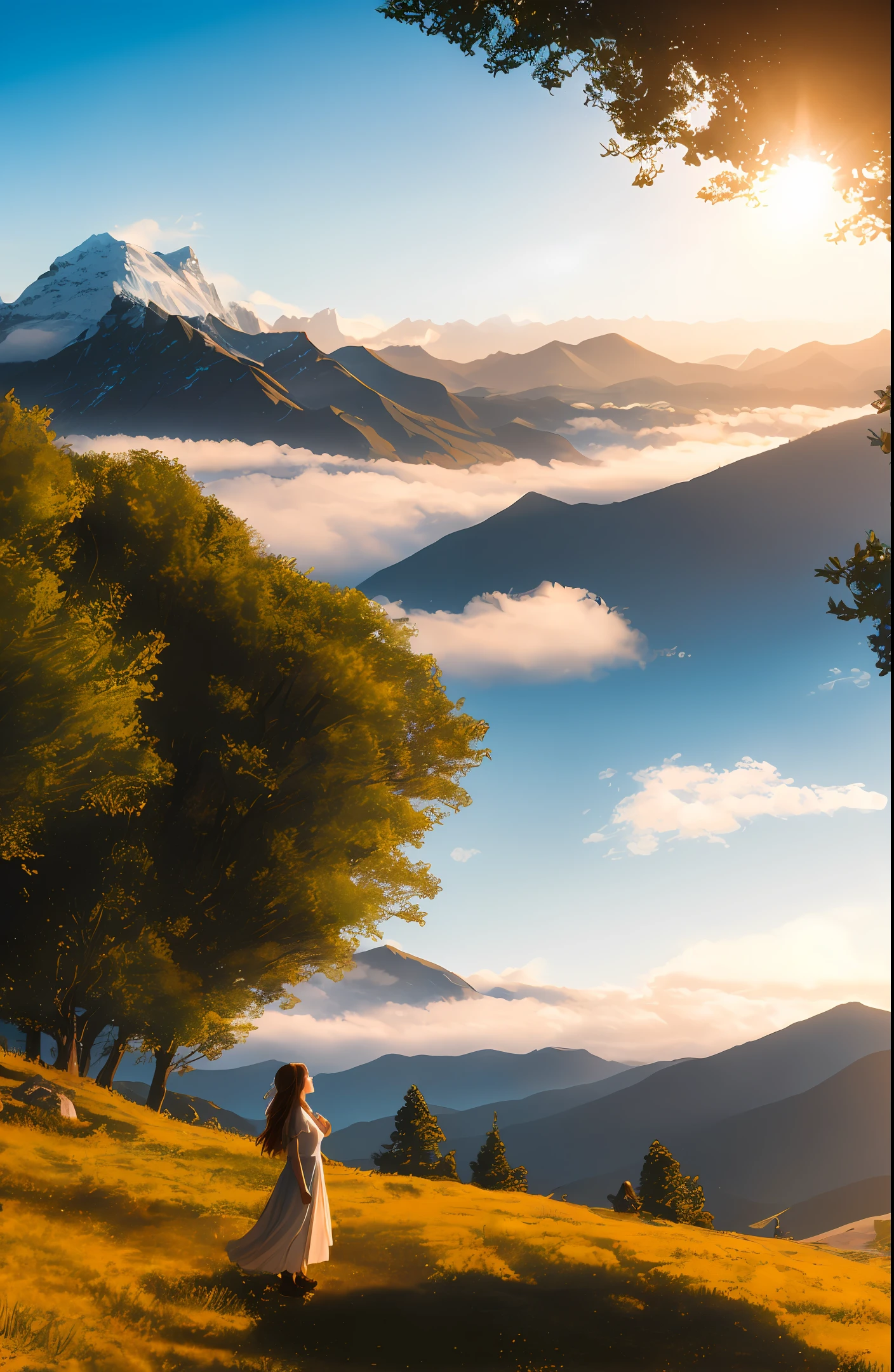 Imagine a breathtaking scene where a young girl stands on top of a majestic mountain, capturing the essence of a mid-journey. The mountain is tall and grand, its peaks reaching towards the heavens, partially obscured by fluffy white clouds. The girl, dressed in outdoor attire, gazes out into the vast expanse before her. The sunlight bathes the landscape, casting a warm golden glow on everything it touches. She stands with confidence and a sense of wonder, her hair gently tousled by the mountain breeze. In the distance, rolling hills and verdant forests stretch as far as the eye can see, hinting at the long road that lies ahead. The girl's face reflects determination and anticipation, as if she's embracing the challenges that await her on her journey. The picture captures a moment frozen in time, symbolizing the start of an adventure, filled with possibilities and personal growth.
