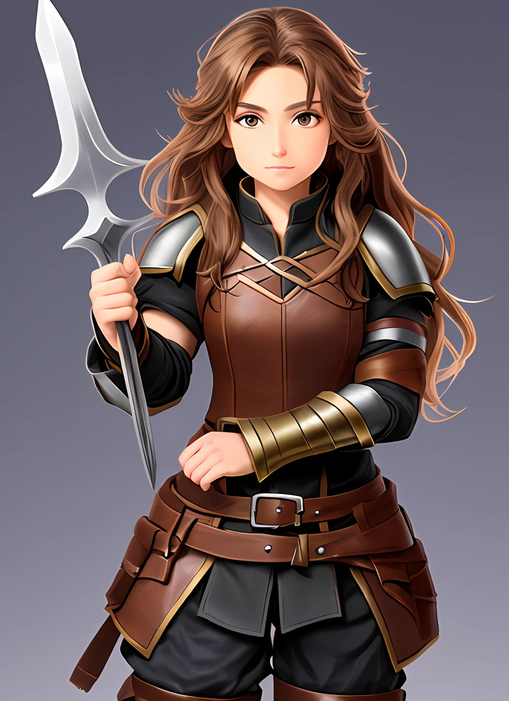 Half body portrait of a 20 year old female halfling thief with light skin, brown eyes, and long brown curly hair, wearing leather armor and holding two daggers