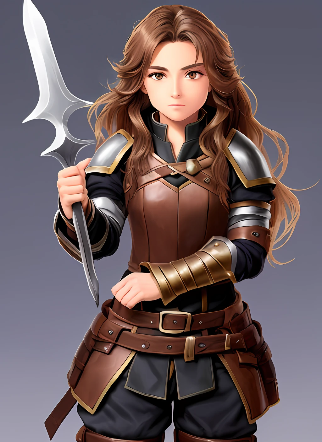 Half body portrait of a 20 year old female halfling thief with light skin, brown eyes, and long brown curly hair, wearing leather armor and holding two daggers