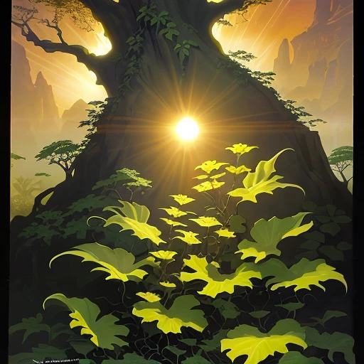 A close-up of a twisted mass of a long creeping plant with large gray-green leaves and pale amber flowers that reflect the light of the sun, covering a rock, sunrise, old retro pulp style, vintage fantasy, Angus McBride and Hildebrandt artworks, retro-fantasy world, extremely high details, plant, vine-like creeper