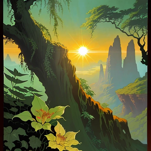 A close-up of a twisted mass of a long creeping plant with large gray-green leaves and pale amber flowers that reflect the light of the sun, covering a rock, sunrise,  old retro pulp style, vintage fantasy, Angus McBride and Hildebrandt artworks, retro-fantasy world, extremely high details, plant, vine-like creeper