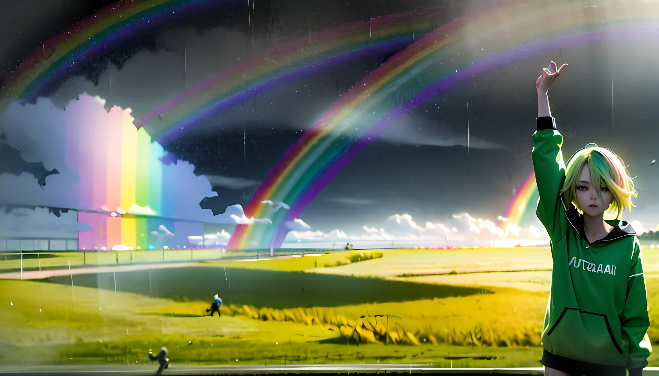 australian women, cartwheel in rain, shards of rainbow light through dark clouds, dynamic lighting, yellow green ombre hair, 8k