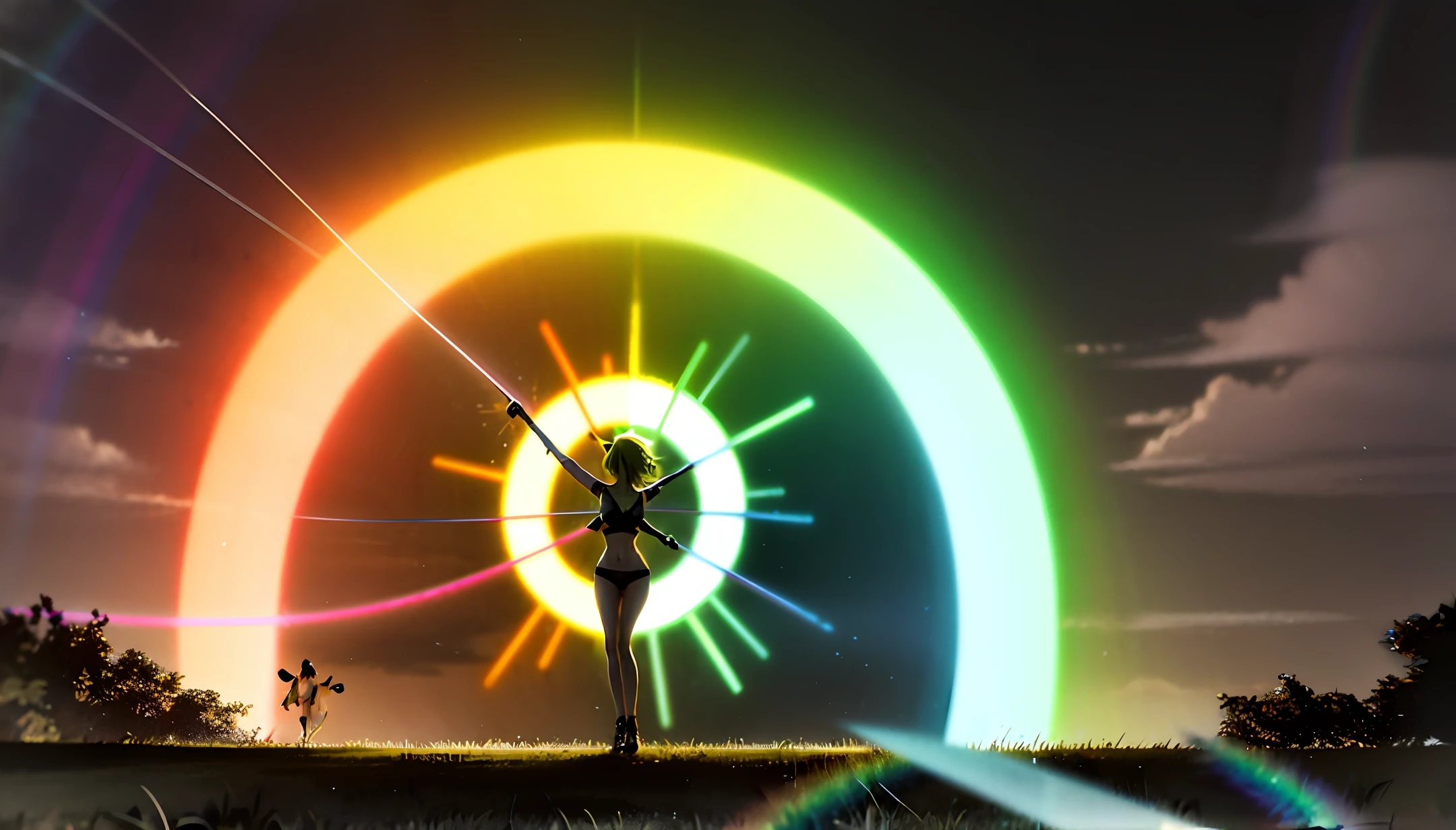 australian women, cartwheel in rain, shards of rainbow light through dark clouds, dynamic lighting, yellow green ombre hair, 8k