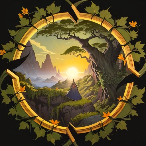 A close-up of a twisted mass of long creeping vines with large gray-green leaves and bright amber mirror-like flowers that reflect the light of the sun, covering a rock, sunrise, old retro pulp style, vintage fantasy, perfectly resembling Angus McBride and Hildebrandt artworks, retro-fantasy world, extremely high details, plant, vine-like creeping plant