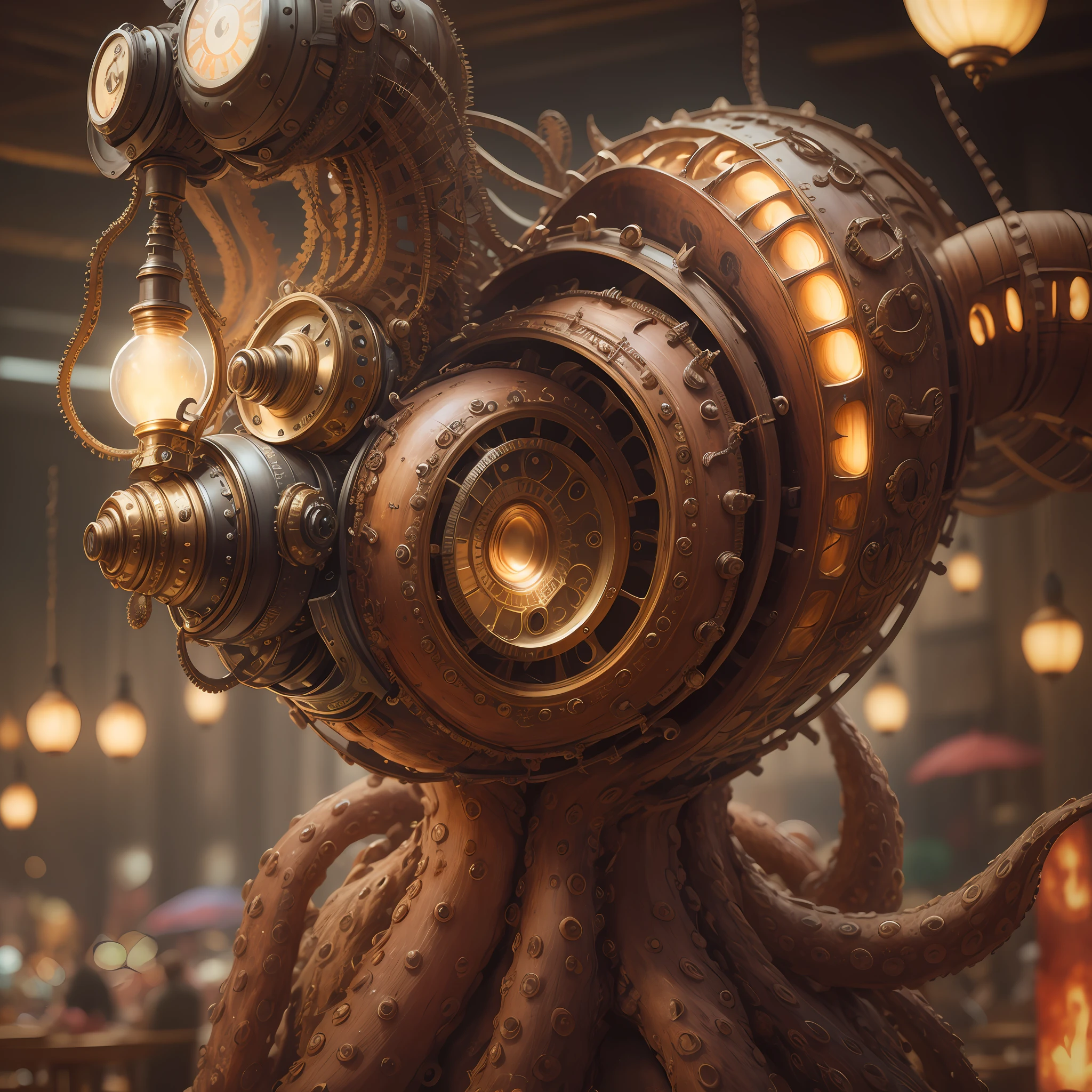 macro shot of best quality steampunk organic octopus, masterpiece, ultra high res, (photorealistic:1.4), absurdres,cinema lighting, insanely detailed mechanism, fantasy scifi, hyper realistic, steampunk, intricate design, insanely detailed, fine details, SteamPunkAI,