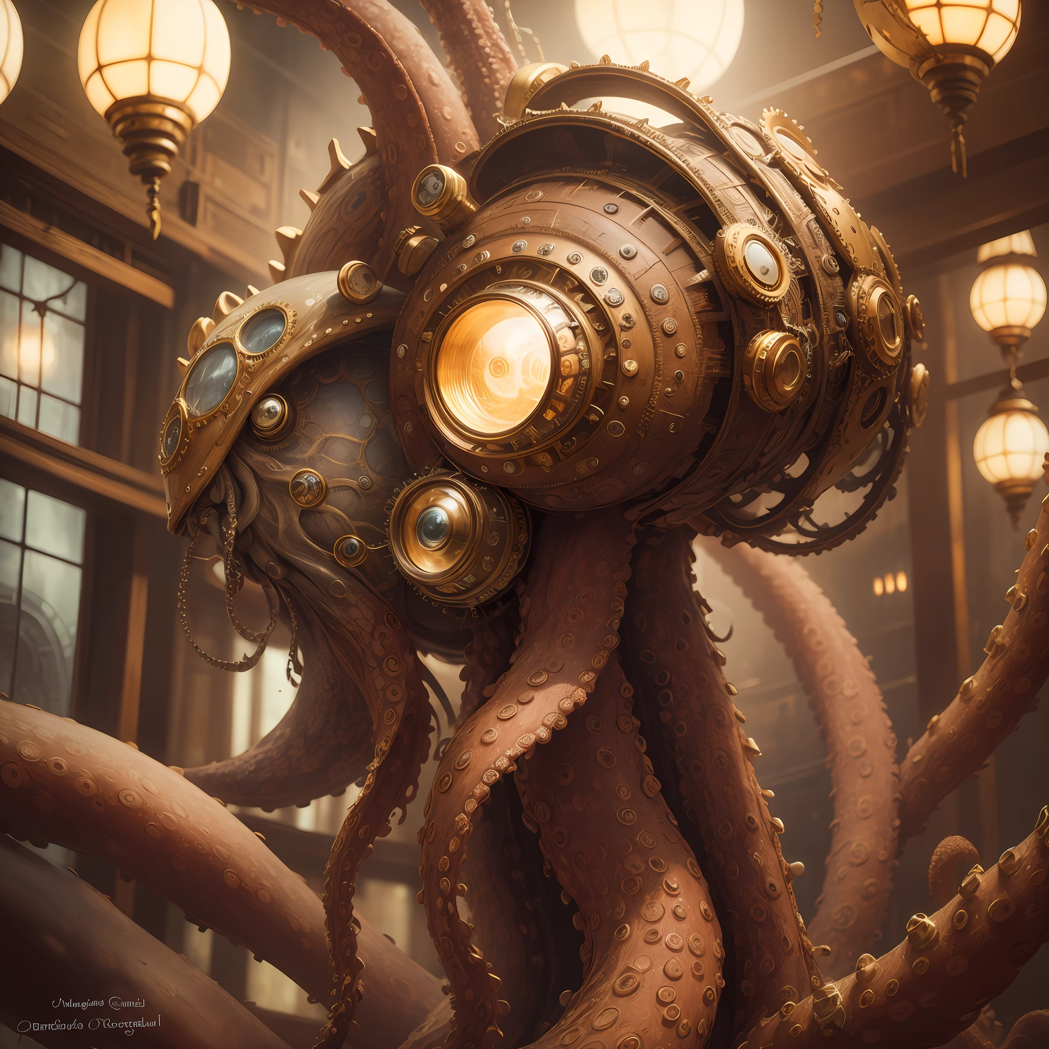 macro shot of best quality steampunk organic octopus, masterpiece, ultra high res, (photorealistic:1.4), absurdres,cinema lighting, insanely detailed mechanism, fantasy scifi, hyper realistic, steampunk, intricate design, insanely detailed, fine details, SteamPunkAI,