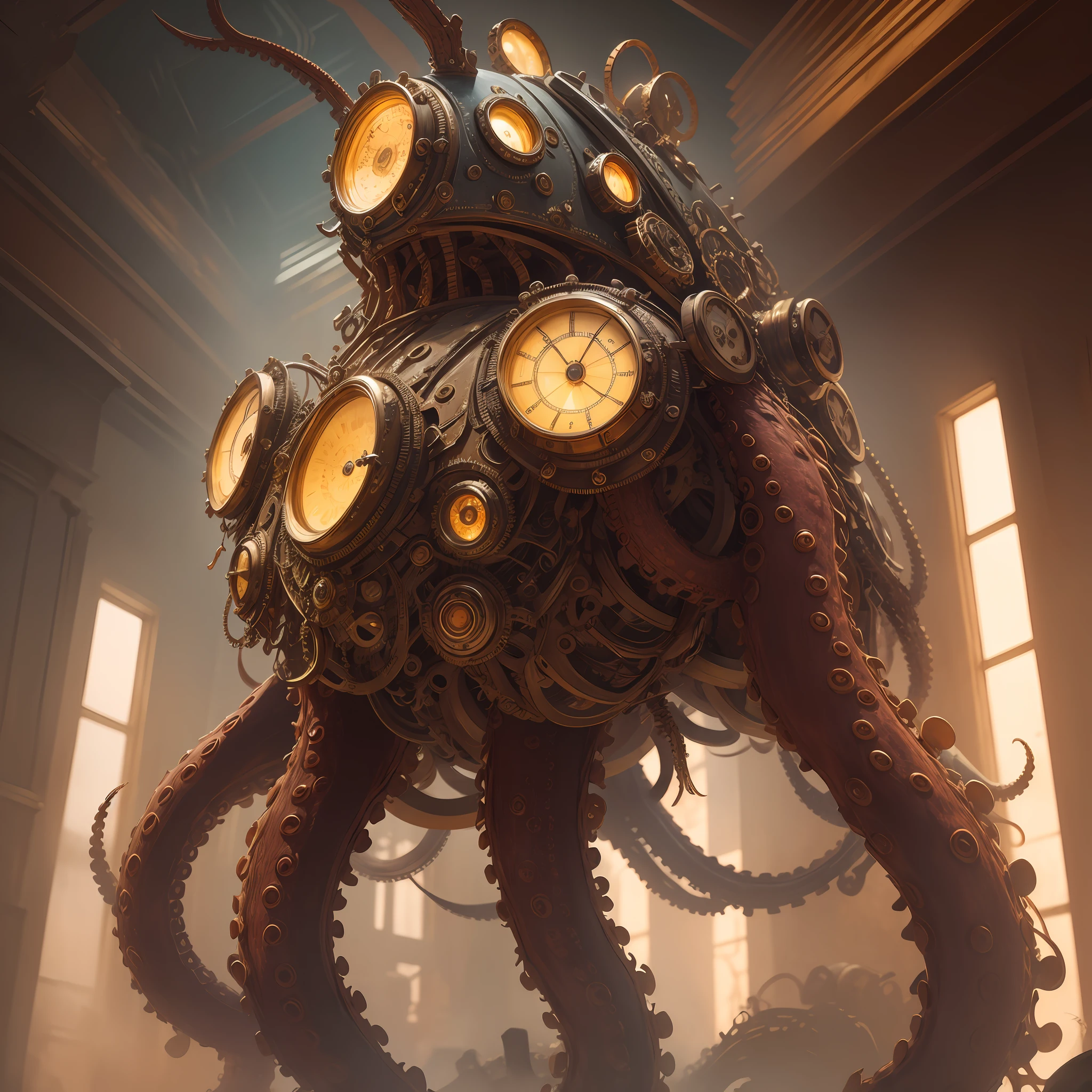 macro shot of best quality steampunk organic octopus, masterpiece, ultra high res, (photorealistic:1.4), absurdres,cinema lighting, insanely detailed mechanism, fantasy scifi, hyper realistic, steampunk, intricate design, insanely detailed, fine details, SteamPunkAI,