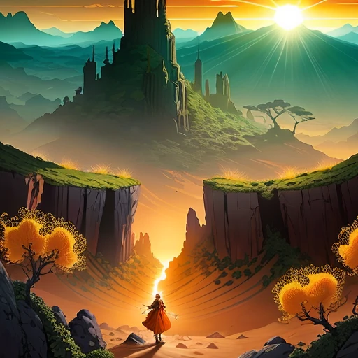 A tangled mass of long creeping vines covering a rock in a sand desert, with large grey-green leaves and bright orange and yellow flowers that reflect the light of the sun to create a dazzling display of fiery light, sunrise, old retro pulp style, vintage fantasy, perfectly resembling Angus McBride and Hildebrandt artworks, retro-fantasy world, extremely high details, plant, vine-like creeping plant