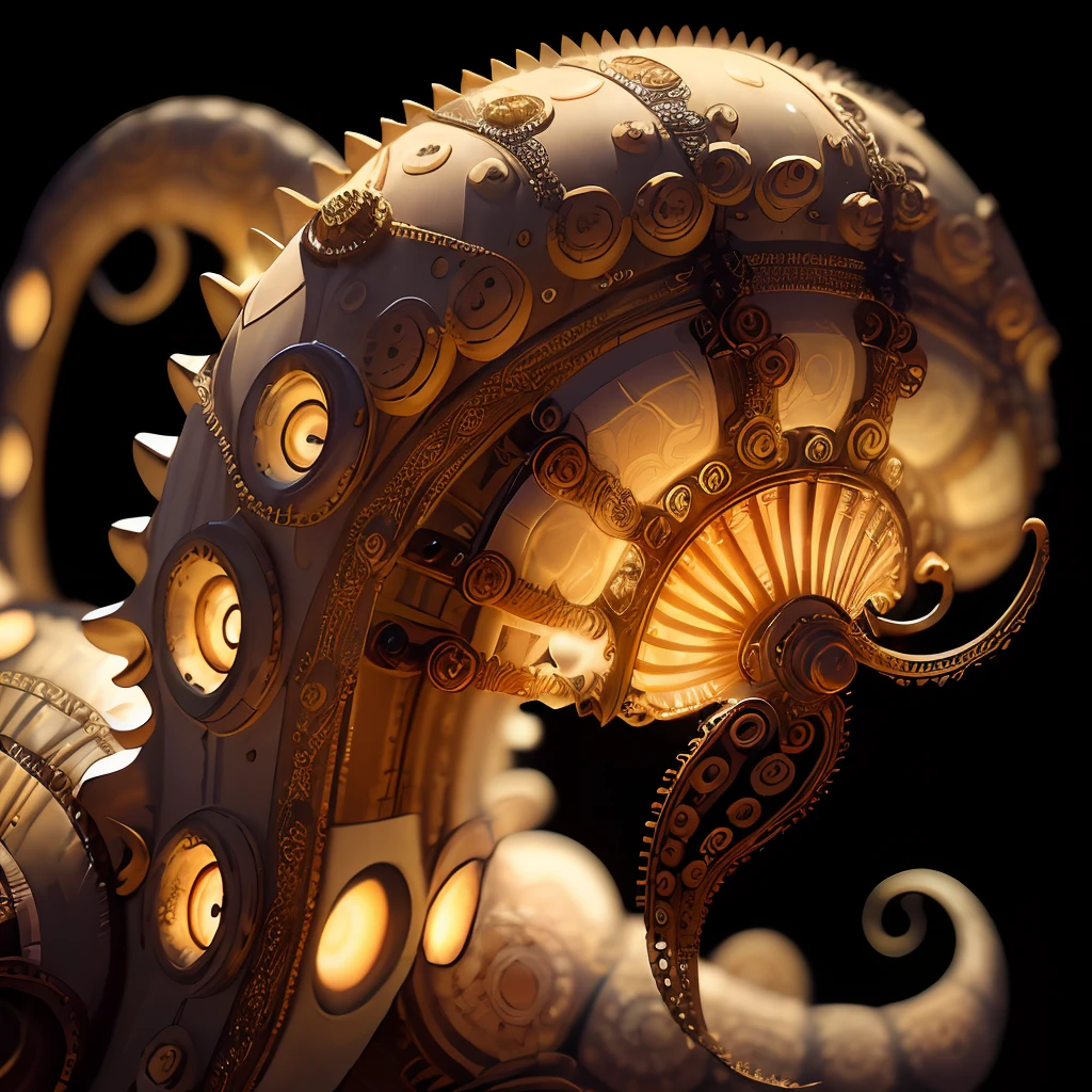 macro shot of best quality steampunk organic octopus, spiral, fibonaci, shell, masterpiece, ultra high res, (photorealistic:1.4), absurdres,cinema lighting, insanely detailed mechanism, fantasy scifi, hyper realistic, intricate design, insanely detailed, fine details, SteamPunkAI,
