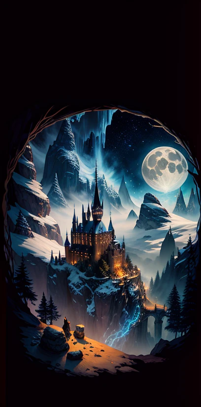 A castle poster with a full moon in the background, viewed from a cave, with a solid black background above and below. Detailed drawing inspired by gaston bussiere, shutterstock, fantasy art, enchanted castle, enchanted backgrounds, art of harry potter, highly detailed magical fantasy, scary castle)). mystical, background hogwarts, hogwarts setting, magic castle school on the hill, fairytale painting, magical composition, night scene
