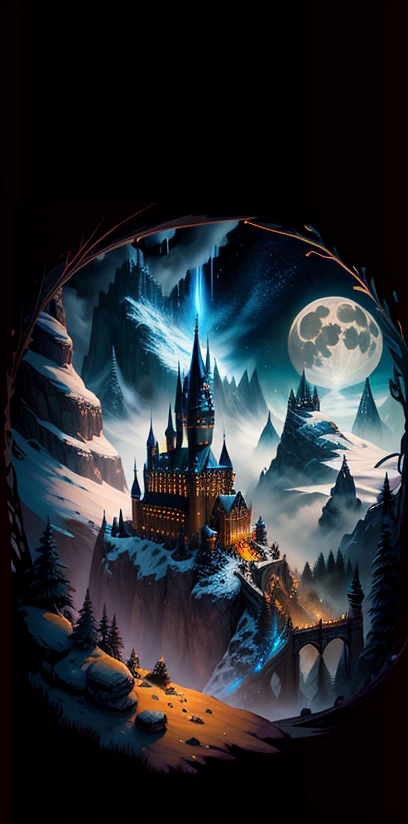masterpiece. A castle poster with a full moon in the background, viewed from a cave, with a solid black background above and below. Detailed drawing inspired by gaston bussiere, shutterstock, fantasy art, magic castle, magic background, glowing castle. The art of Harry Potter, enhanced with detail. Very detailed magical fantasy, fantasy castle)). mystical, background hogwarts, hogwarts setting, magic castle school on the hill, fairytale painting, magical composition, night scene