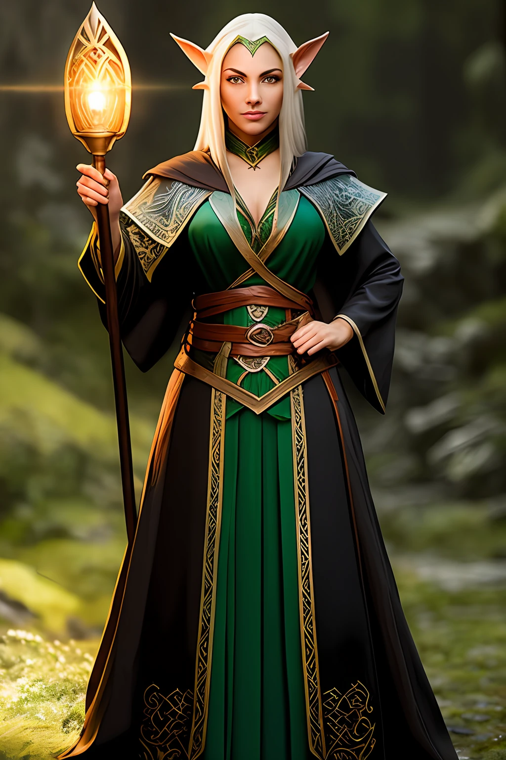 A female half-elf mage with light bronze skin, green eyes and black hair, holding a wooden staff to her chest in her left hand and a closed book in her right hand, wearing a robe, bust