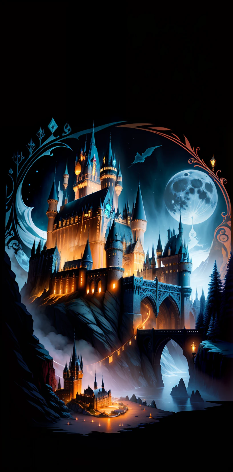 masterpiece. A castle poster with a full moon in the background, viewed from a cave, with a solid black background above and below. Detailed drawing inspired by gaston bussiere, shutterstock, fantasy art, magic castle, magic background, glowing castle. The art of Harry Potter, enhanced with detail. Very detailed magical fantasy, fantasy castle)). mystical, background hogwarts, hogwarts setting, magic castle school on the hill, fairytale painting, magical composition, night scene
