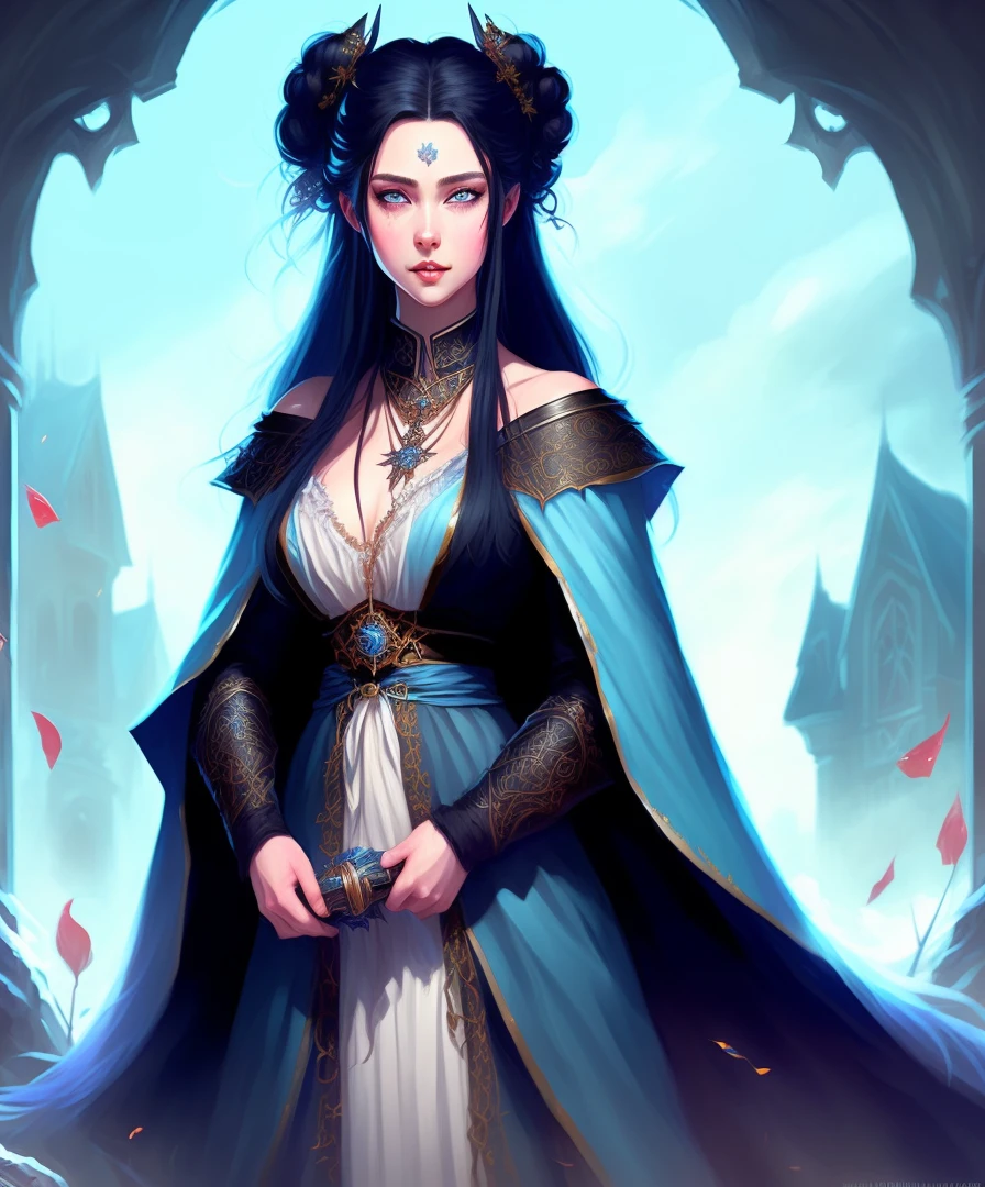 Beautiful female with long black hair, light blue eyes, pale skin, wearing a black robe with intricate decorations, mage, confident expression, clear, detailed, illustration art, high quality, masterpiece, European and American, fantasy style.