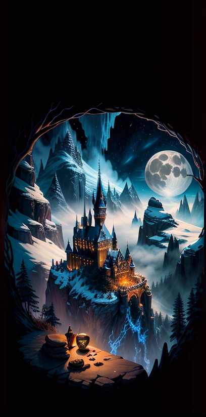 A castle poster with a full moon in the background, viewed from a cave, with a solid black background above and below. Detailed drawing inspired by gaston bussiere, shutterstock, fantasy art, enchanted castle, enchanted backgrounds, art of harry potter, highly detailed magical fantasy, scary castle)). mystical, background hogwarts, hogwarts setting, magic castle school on the hill, fairytale painting, magical composition, night scene