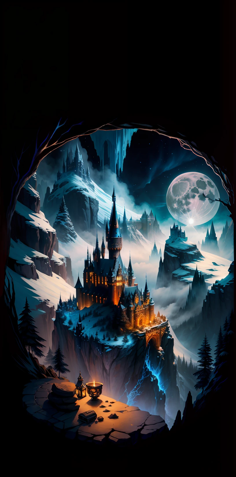 A castle poster with a full moon in the background, viewed from a cave, with a solid black background above and below. Detailed drawing inspired by gaston bussiere, shutterstock, fantasy art, enchanted castle, enchanted backgrounds, art of harry potter, highly detailed magical fantasy, scary castle)). mystical, background hogwarts, hogwarts setting, magic castle school on the hill, fairytale painting, magical composition, night scene