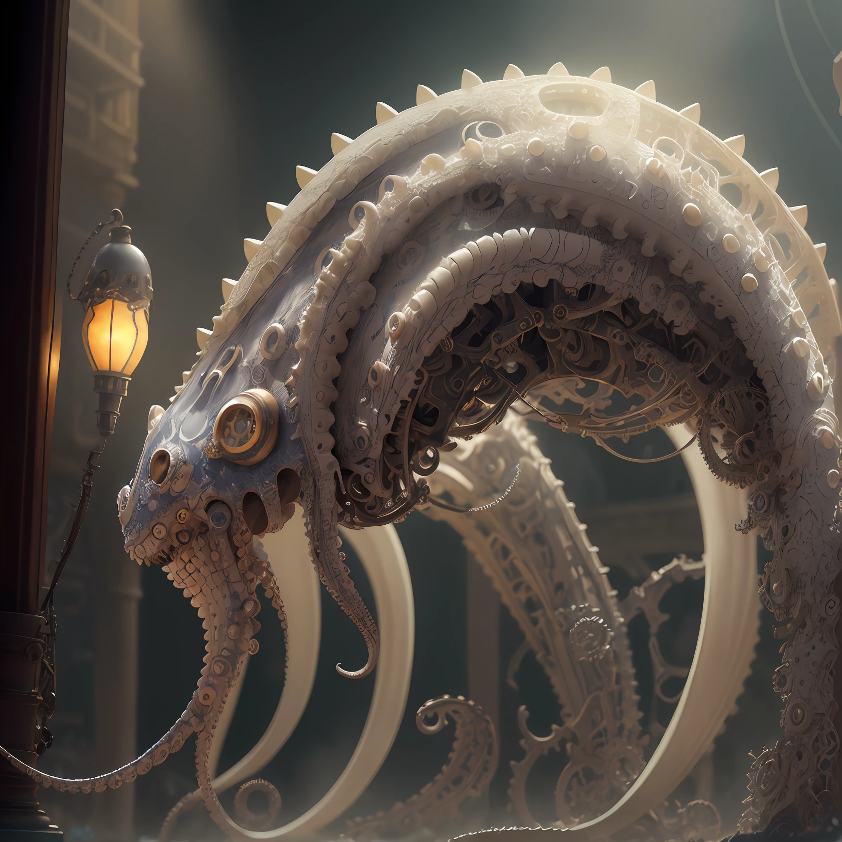 porcelain scuplture of best quality biomechanical octopus, lizard white skin, steampunk parts, masterpiece, fibonaci, ultra high res, (photorealistic:1.4), absurdres,cinema lighting, insanely detailed mechanism, fantasy scifi, hyper realistic, intricate design, insanely detailed, fine details, octane render