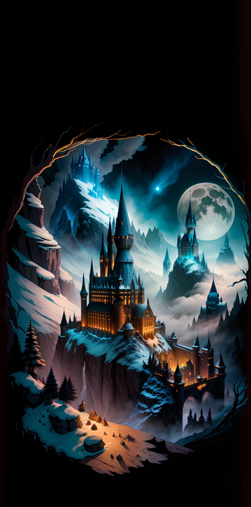 masterpiece. A castle poster with a full moon in the background, viewed from a cave, with a solid black background above and below. Detailed drawing inspired by gaston bussiere, shutterstock, fantasy art, magic castle, magic background, glowing castle. The art of Harry Potter, enhanced with detail. Very detailed magical fantasy, fantasy castle)). Mystical, background Hogwarts, Hogwarts setting, magic castle school on the hill, fairytale painting, magical composition, night scene. Details are enhanced.