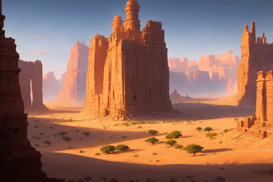 (extremely detailed CG unity 8k wallpaper), full shot photo of the most beautiful artwork of a medieval village in the desert, cloudy at sunset, nostalgia, professional majestic oil painting by Ed Blinkey, Atey Ghailan, Studio Ghibli, by Jeremy Mann, Greg Manchess, Antonio Moro, trending on ArtStation, trending on CGSociety, Intricate, High Detail, Sharp focus, dramatic, photorealistic painting art by midjourney and greg rutkowski