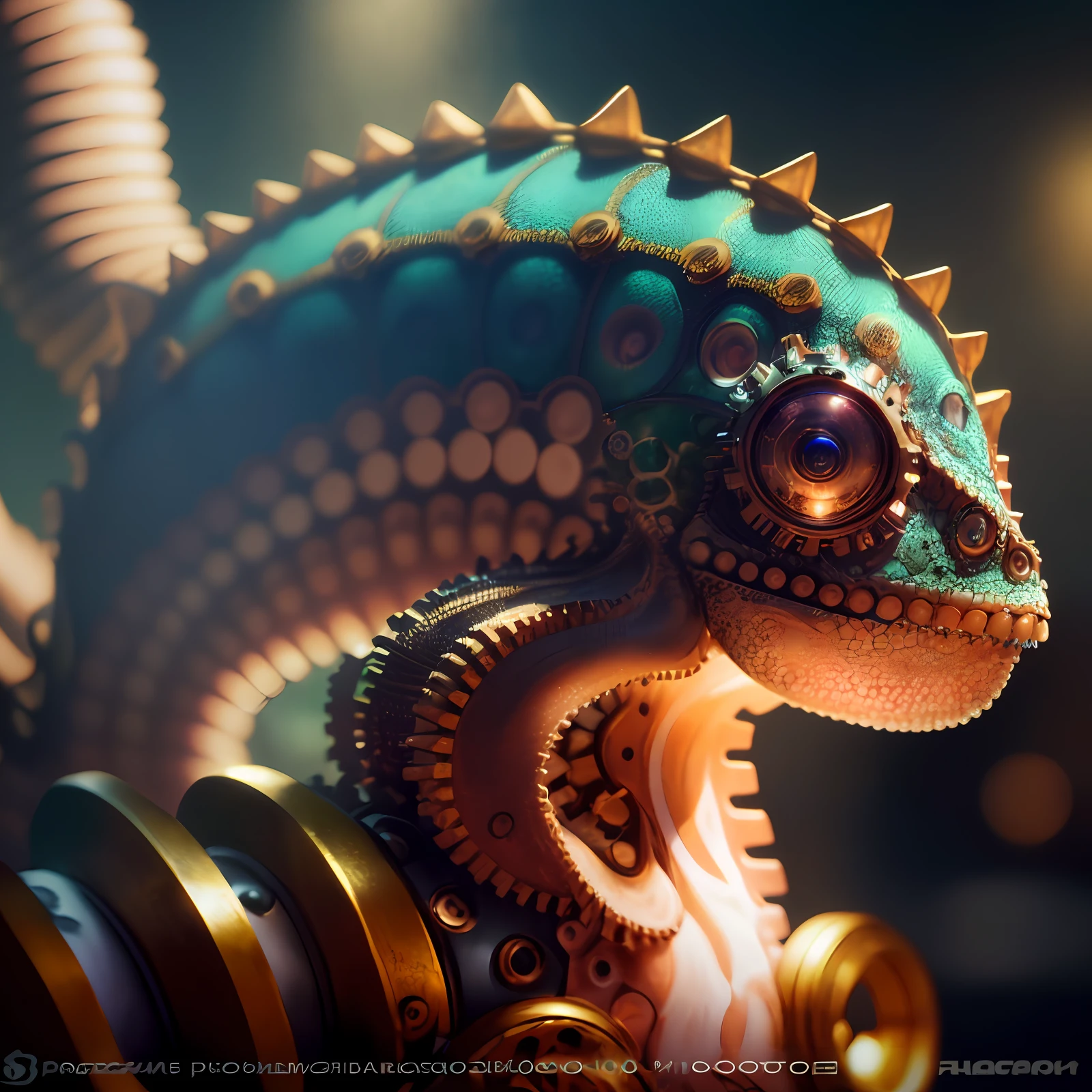 macro shot of best quality biomechanical octopus, chameleon skin, steampunk parts, masterpiece, fibonaci, ultra high res, (photorealistic:1.4), absurdres,cinema lighting, insanely detailed mechanism, fantasy scifi, hyper realistic, intricate design, insanely detailed, fine details, octane render