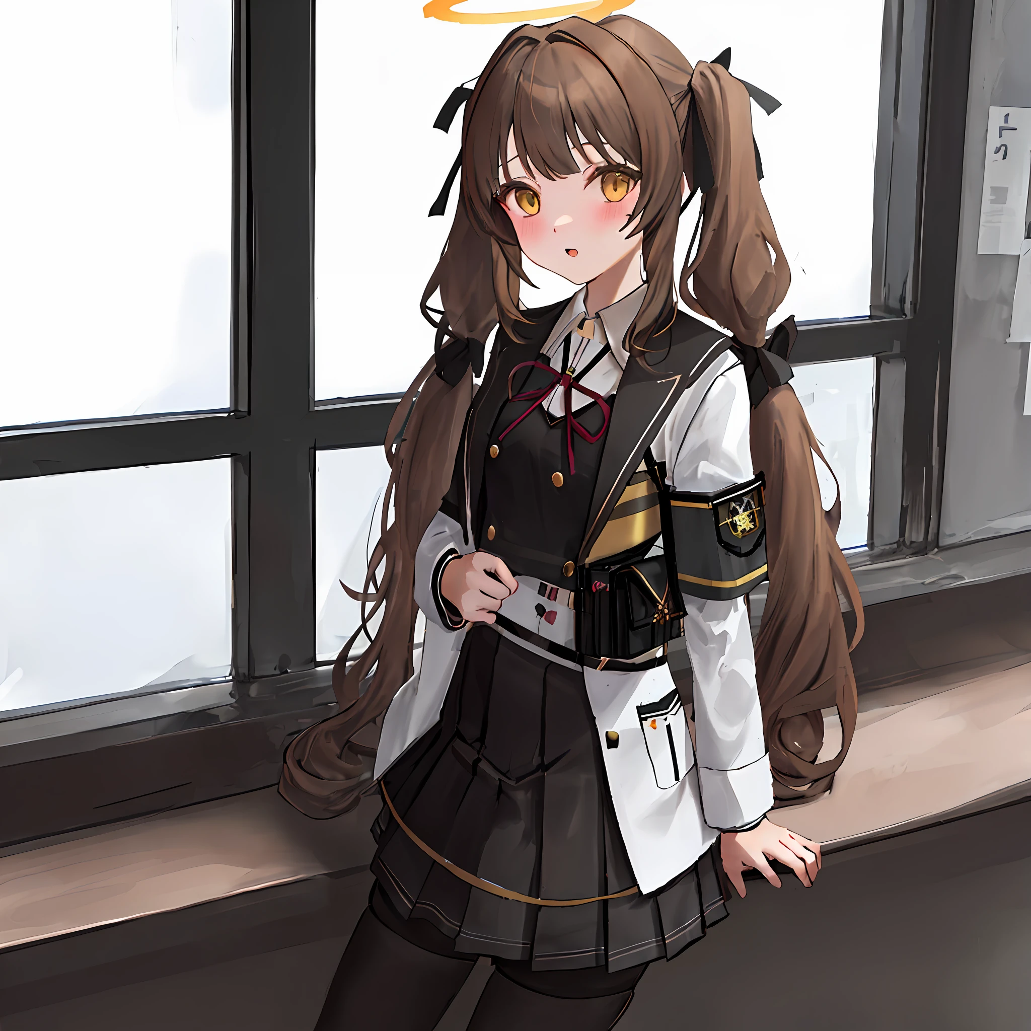 igirl, solo, school uniform, long hair, looking_at_viewer, blush, skirt, ribbon, twintails, yellow_eyes, pantyhose, bag, black_pantyhose, low_twintails, light_brown_hair, halo,