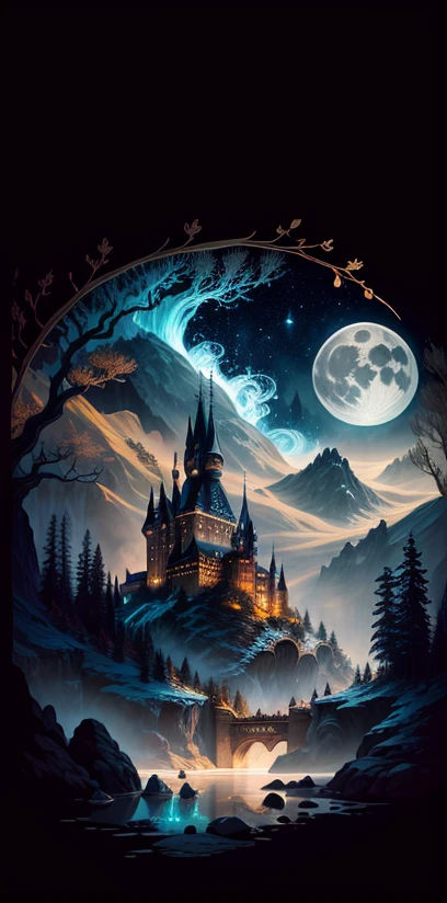 A castle poster with a full moon in the background, viewed from a cave, with a solid black background above and below. Close view with lake with reflection, detailed drawing inspired by gaston bussiere, shutterstock, fantasy art, enchanted castle, enchanted background, art of harry potter, highly detailed magical fantasy, scary castle)). mystical, background hogwarts, hogwarts setting, magic castle school on the hill, fairytale painting, magical composition, night scene