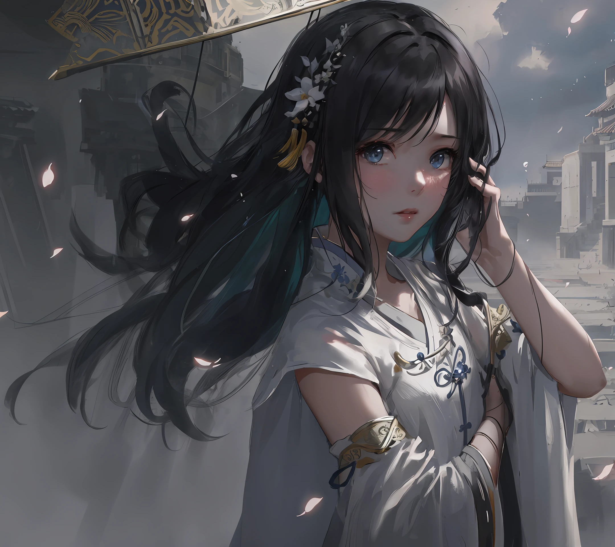 [hyper realistic:(unreal engine):realistic:,0.5,0.99:bezier], petite 1girl,(beautiful delicate face),(Sky), clouds (petals: 1.2), ancient chinese concubine, (Song Dynasty), cloak, cloak, oiled skin, upper body, looking at viewer, (Hairpins, twisted long hair), beautiful dress, (volumetric lighting), atmospheric perspective, dust particles, light shaft,(e_foxy:0.7), m_wlop, (e_landscape:0.7)