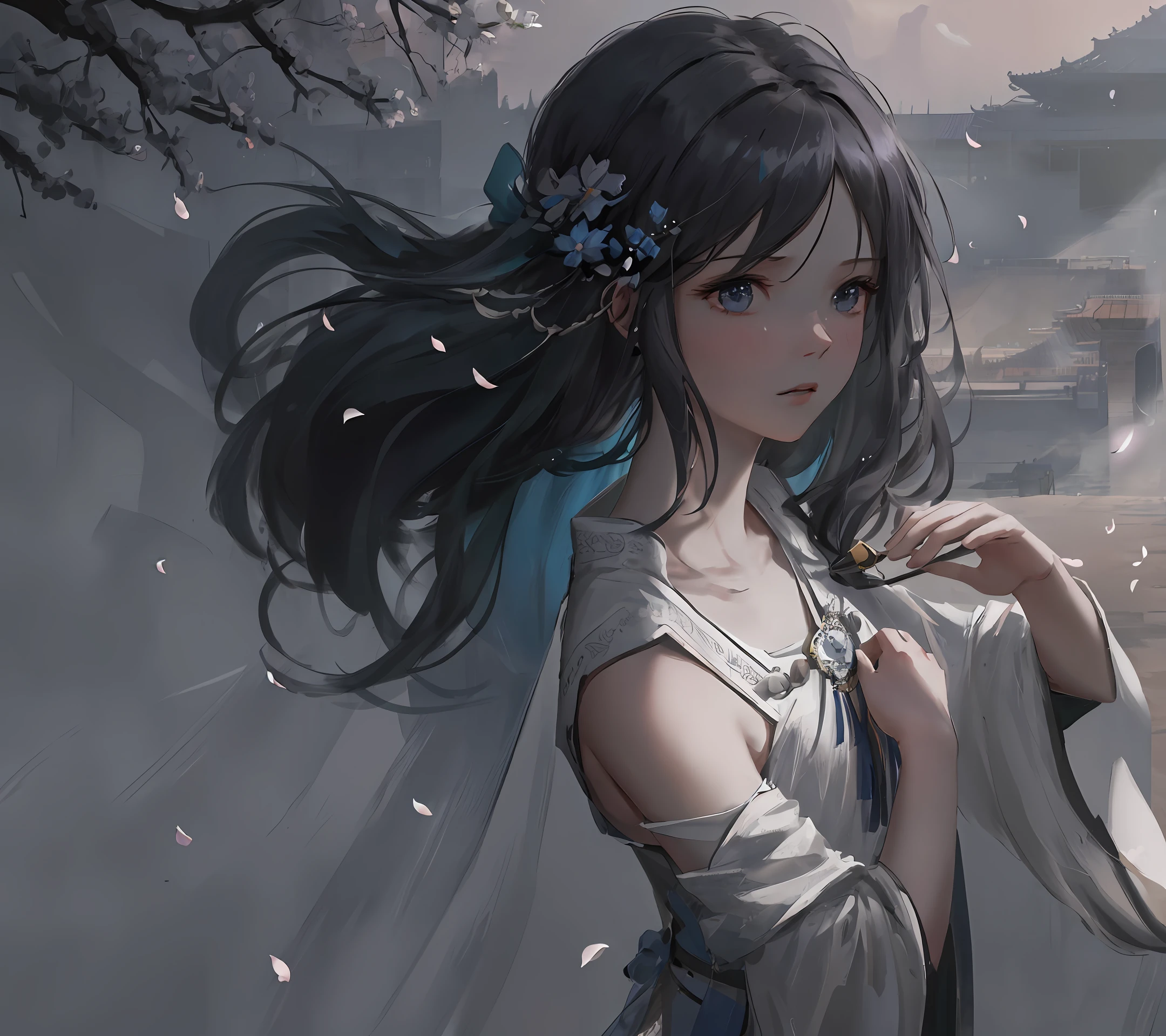 [hyper realistic:(unreal engine):realistic:,0.5,0.99:bezier], petite 1girl,(beautiful delicate face),(Sky), clouds (petals: 1.2), ancient chinese concubine, (Song Dynasty), cloak, cloak, oiled skin, upper body, looking at viewer, (Hairpins, twisted long hair), beautiful dress, (volumetric lighting), atmospheric perspective, dust particles, light shaft,(e_foxy:0.7), m_wlop, (e_landscape:0.7)