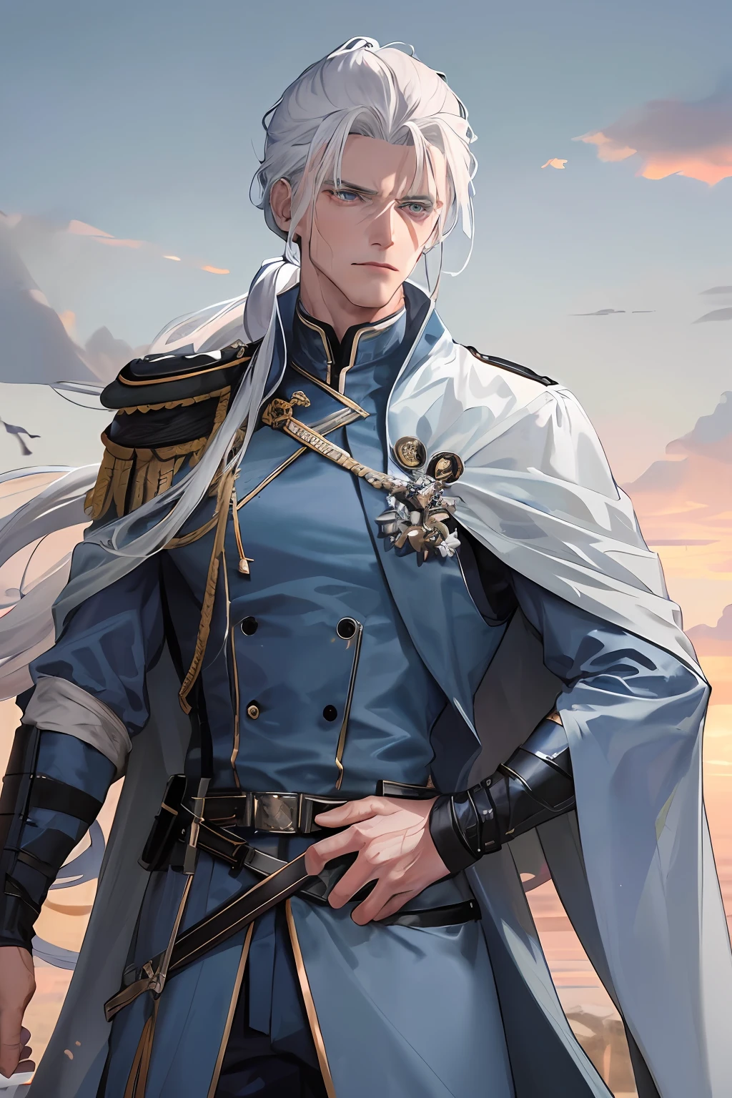 Masterpiece, best quality, 1 man, elderly man, militaristic, white hair, gray blue eyes, forked hair, long hair, long bangs, high ponytail, handsome, masculine, serious, gentle, tall, quiet, dark clothes, gray blue clothes, dark blue clothes, fire pattern, outdoor, cloak