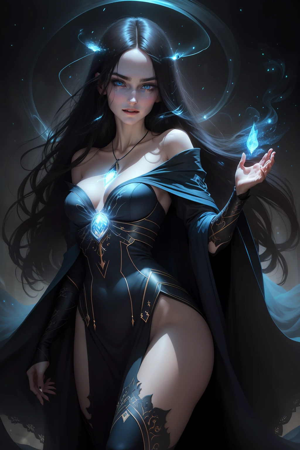 Sexy beautiful woman with a perfectly proportioned face, realistic facial expression, long black hair, light blue eyes, pale skin, wearing a black robe with intricate decorations, witch, confident expression (dynamic Angle, dazzling blue eyes, delicate necklace, charming smile), (magic mystical background, fireflies, glowing particles, ethereal fog, faint darkness), high saturation, movie light, edge light, best shadow