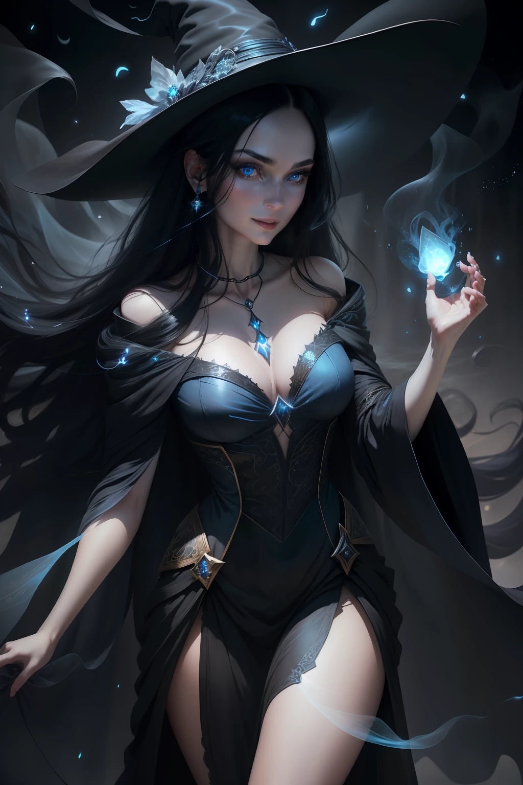 Sexy beautiful woman with a perfectly proportioned face, realistic facial expression, long black hair, light blue eyes, pale skin, wearing a black robe with intricate decorations, witch, confident expression (dynamic Angle, dazzling blue eyes, delicate necklace, charming smile), (magic mystical background, fireflies, glowing particles, ethereal fog, faint darkness), high saturation, movie light, edge light, best shadow