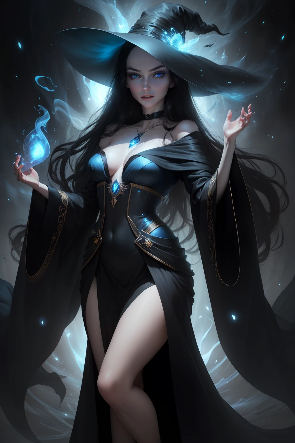 Sexy beautiful woman with a perfectly proportioned face, realistic facial expression, long black hair, light blue eyes, pale skin, wearing a black robe with intricate decorations, witch, confident expression (dynamic Angle, dazzling blue eyes, delicate necklace, charming smile), (magic mystical background, fireflies, glowing particles, ethereal fog, faint darkness), high saturation, movie light, edge light, best shadow