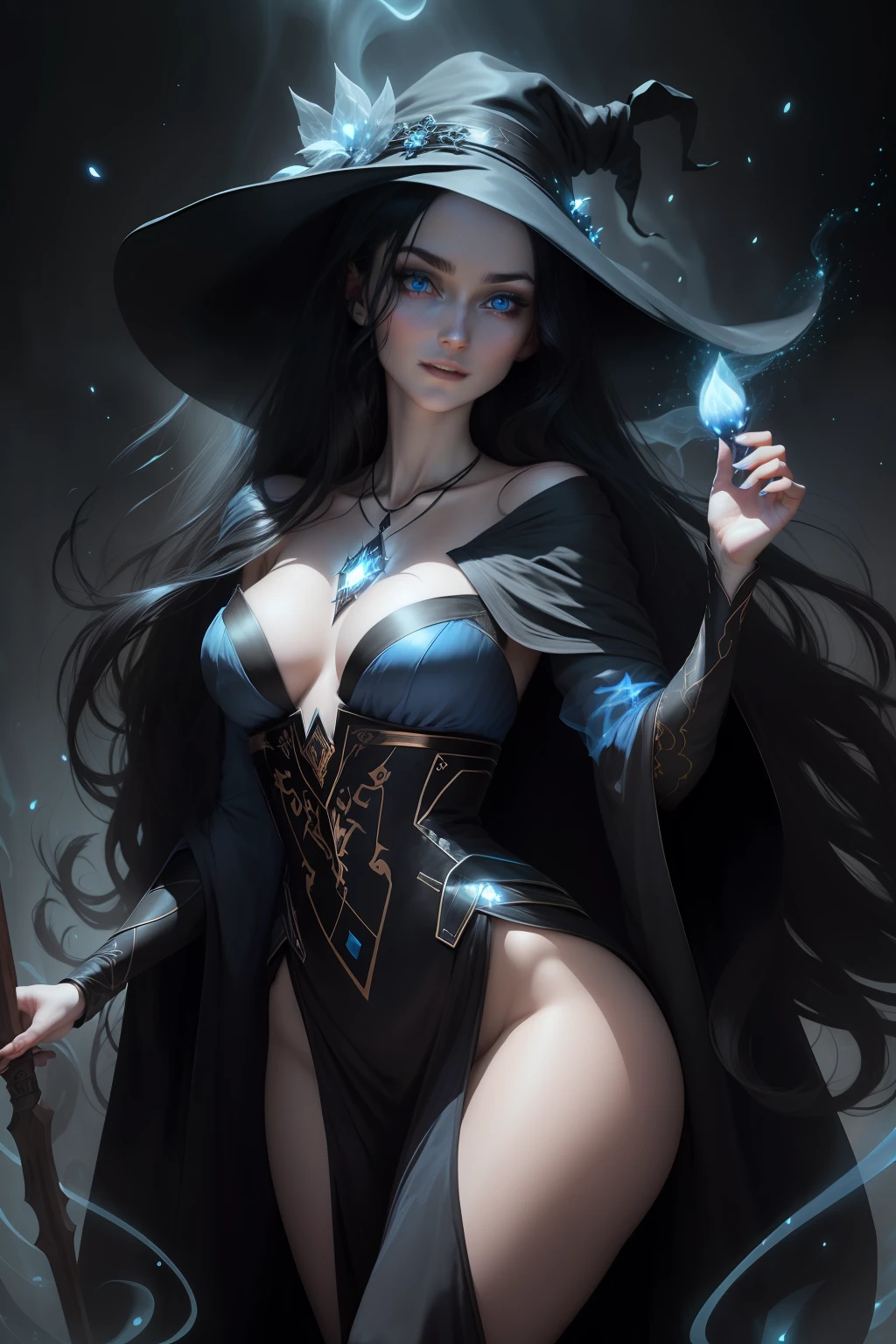 Sexy beautiful woman with a perfectly proportioned face, realistic facial expression, long black hair, light blue eyes, pale skin, wearing a black robe with intricate decorations, witch, confident expression (dynamic Angle, dazzling blue eyes, delicate necklace, charming smile), (magic mystical background, fireflies, glowing particles, ethereal fog, faint darkness), high saturation, movie light, edge light, best shadow