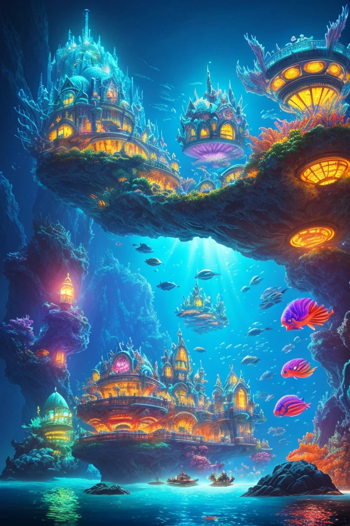 Undersea, ocean, dream, cartoon, epic fantasy concept, modern transparent building at night as a huge aquarium containing sea life, beautiful colorful light decorations, wide angle shot, 8k octane rendering, realistic, cinematic lighting, detailed buildings, detailed fish
