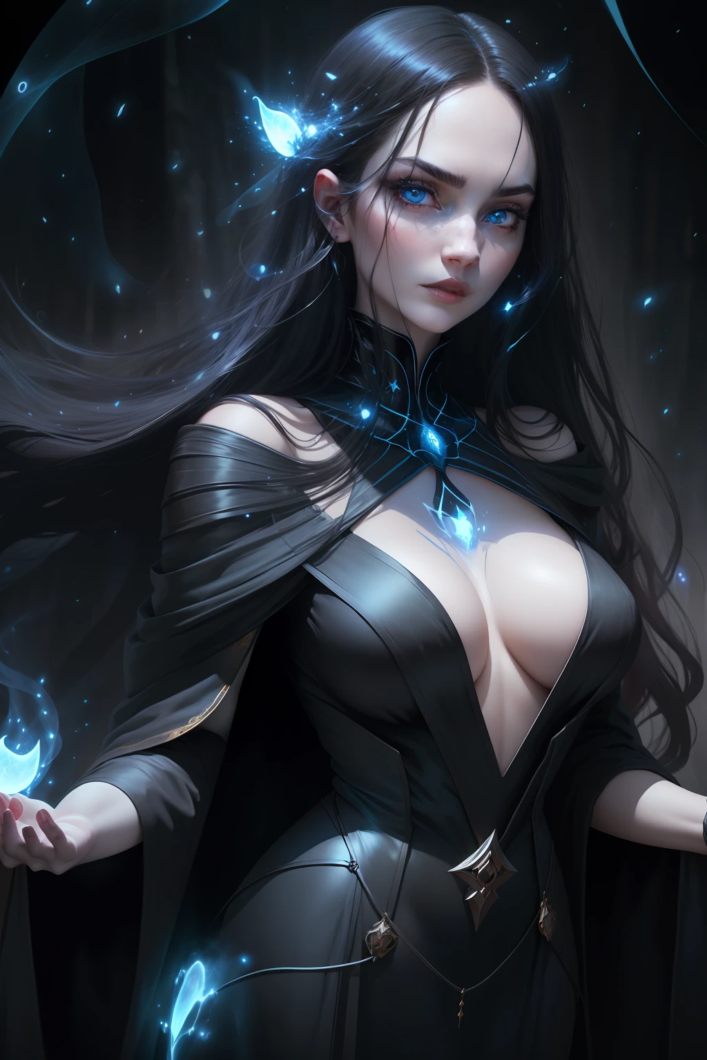 Sexy beautiful woman with a perfectly proportioned face, realistic facial expression, long black hair, light blue eyes, pale skin, wearing black robe with rich ornament, witch, confident expression, big breasts (magic mystical background, fireflies, glowing particles, ethereal mist, a touch of darkness), high saturation, film light, edge light, best shadows