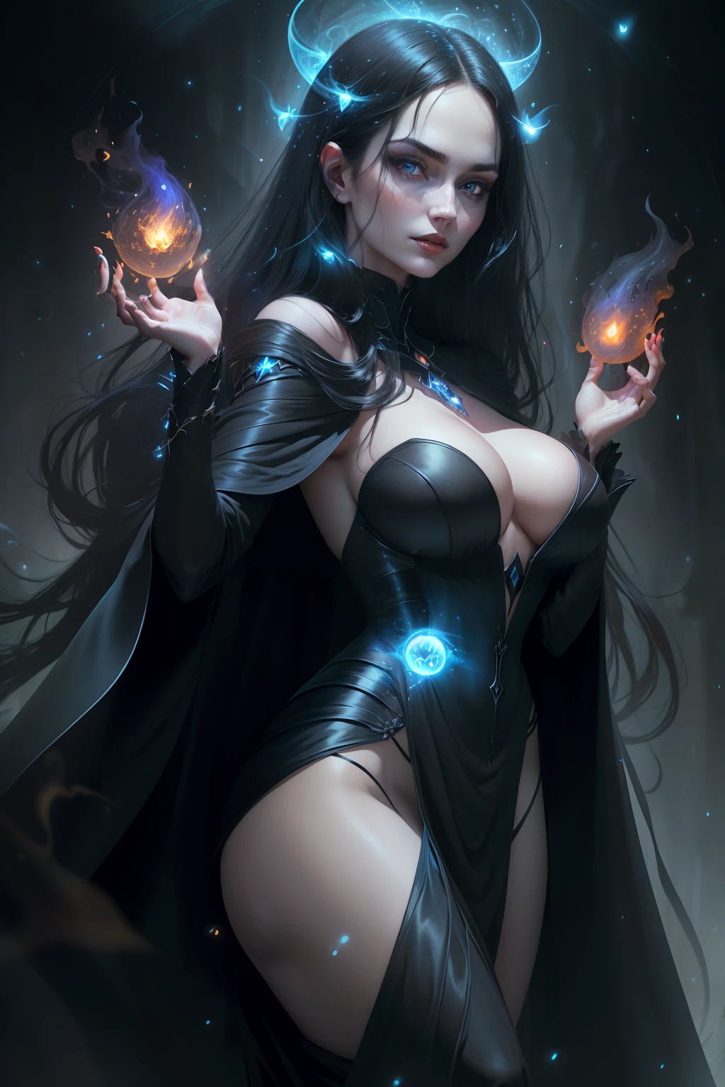 Sexy beautiful woman with a perfectly proportioned face, realistic facial expression, long black hair, light blue eyes, pale skin, wearing black robe with rich ornament, witch, confident expression, big breasts (magic mystical background, fireflies, glowing particles, ethereal mist, a touch of darkness), high saturation, film light, edge light, best shadows