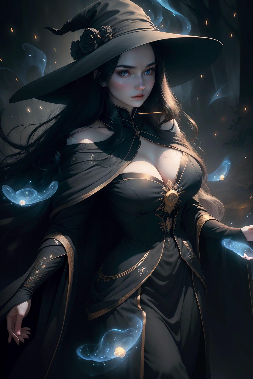 Sensual beautiful woman with round cheeks, realistic facial expression, long black hair, light blue eyes, pale skin, wearing black robe with rich decoration, witch, confident expression, big breasts (magic mysterious background, fireflies, glowing particles, ethereal fog, faint darkness), high saturation, film light, rim light, best shadows