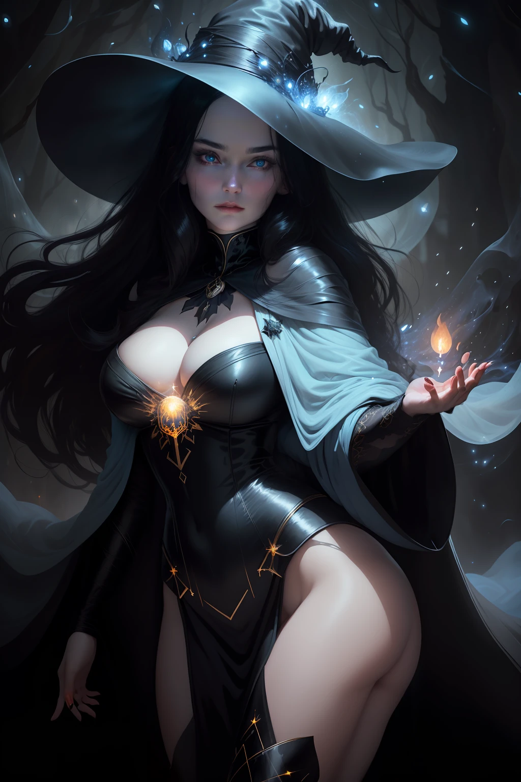 Sensual beautiful woman with round cheeks, realistic facial expression, long black hair, light blue eyes, pale skin, wearing black robe with rich decoration, witch, confident expression, big breasts (magic mysterious background, fireflies, glowing particles, ethereal fog, faint darkness), high saturation, film light, rim light, best shadows