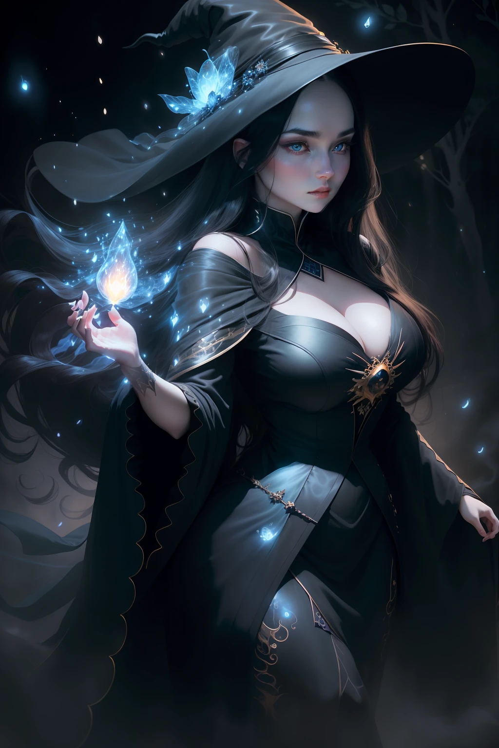 Sensual beautiful woman with round cheeks, realistic facial expression, long black hair, light blue eyes, pale skin, wearing black robe with rich decoration, witch, confident expression, big breasts (magic mysterious background, fireflies, glowing particles, ethereal fog, faint darkness), high saturation, film light, rim light, best shadows