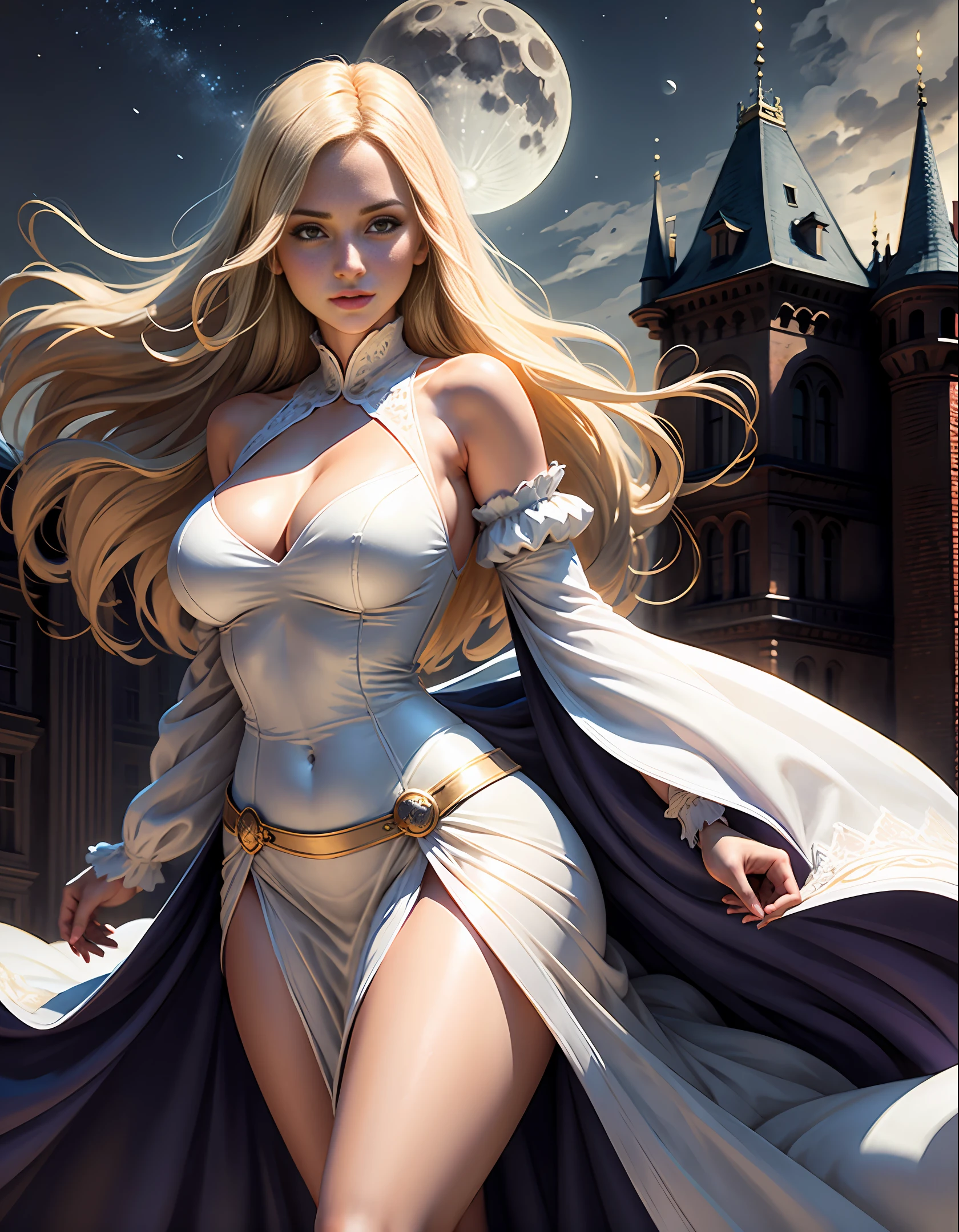 Masterpiece, super high quality, solo, (perfect face: 1.1), (high detail: 1.1), dramatic, dynamic pose, 1girl, breasts, blonde hair, dark eyes, solo, cleavage, long hair, curvy, big breasts, see - via , dress, thighs, navel covered, white dress, bare shoulders, wide hips, thick thighs, lips, covering, gown, pelvic curtains, castle, night, moon, detailed background, art by artgerm and greg rutkowski, film lighting, circle shaped moon,