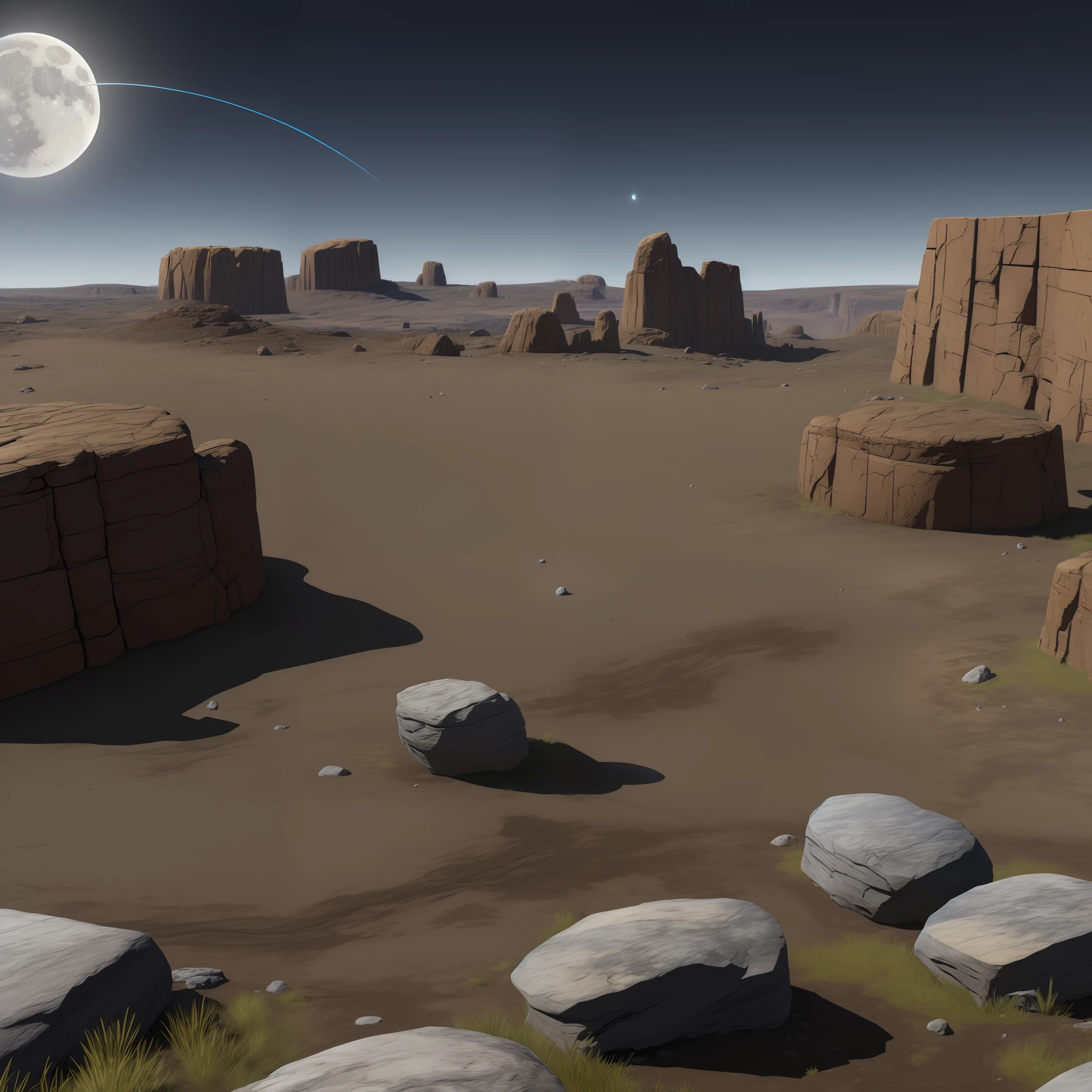 landscape, wasteland, rocks, radiation, moon with rings, high detail