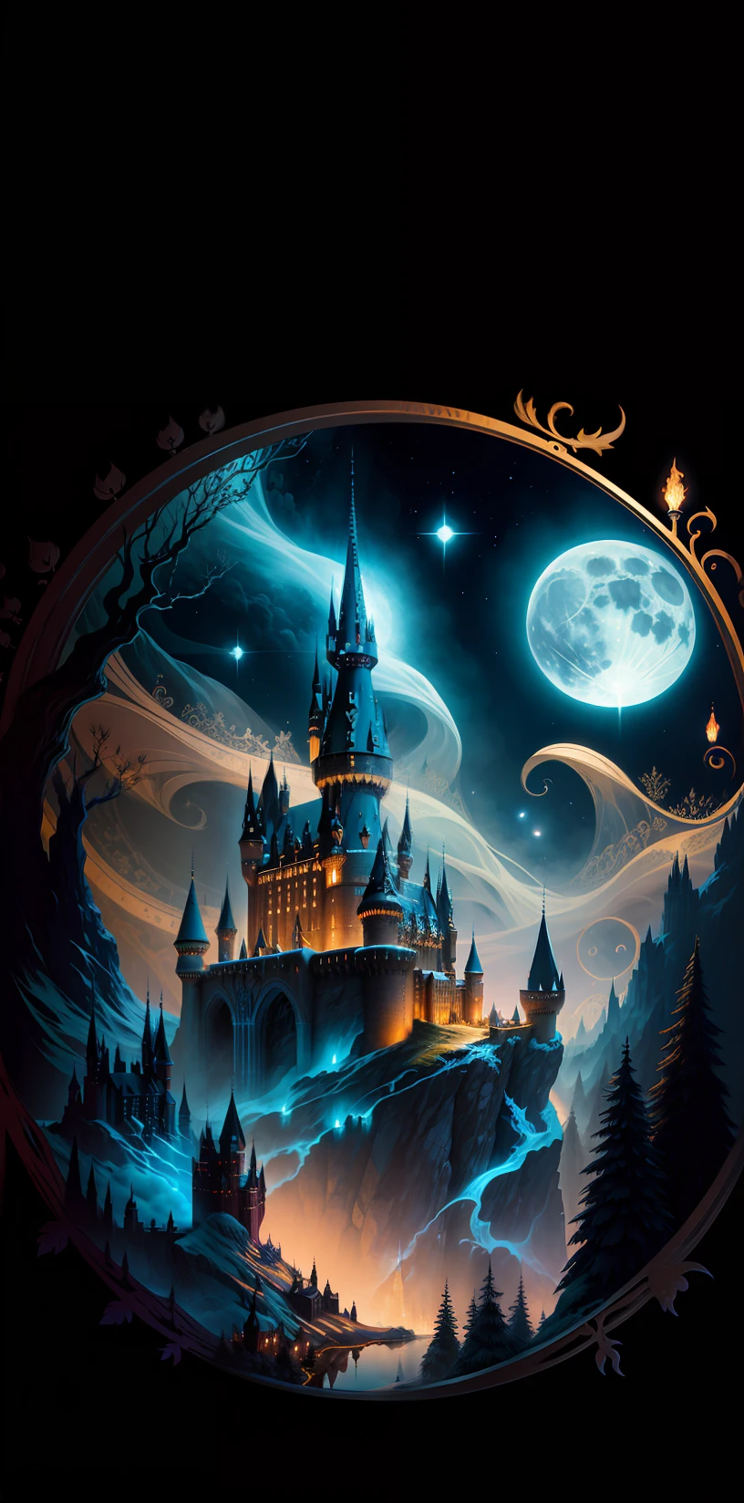 A masterpiece, a castle poster with a full moon in the background, viewed from a cave, with a solid black background above and below. Close shots with lakes, reflections, detailed paintings inspired by gaston bussiere, shutterstock, fantasy art, magic light and shadows, beams of artifacts. Enchanted castles, enchanted backgrounds, Harry Potter art, highly detailed magical fantasy, scary castles)). mystical, background hogwarts, hogwarts setting, magic castle school on the hill, fairytale painting, magical composition, night scene