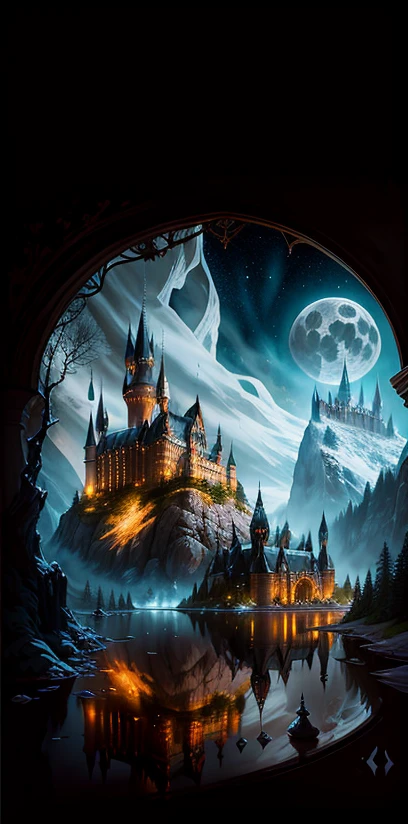 A masterpiece, a castle poster with a full moon in the background, viewed from a cave, with a solid black background above and below. Close shots with lakes, reflections, detailed paintings inspired by gaston bussiere, shutterstock, fantasy art, magic light and shadows, beams of artifacts. Enchanted castles, enchanted backgrounds, Harry Potter art, highly detailed magical fantasy, scary castles)). mystical, background hogwarts, hogwarts setting, magic castle school on the hill, fairytale painting, magical composition, night scene