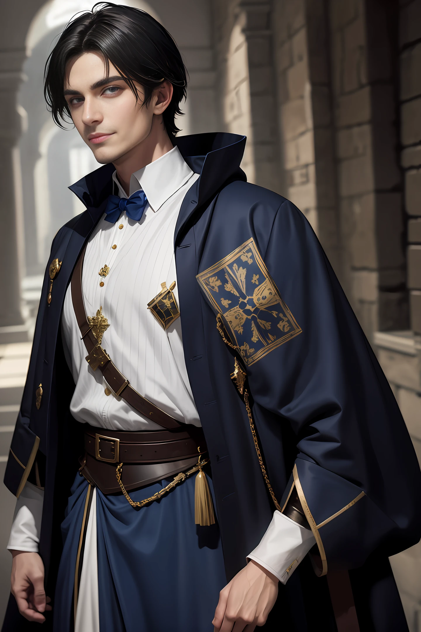 A handsome medieval man with handsome short black hair, British-style face, fair skin, dark blue pupils, showing a sly smile, wearing blue and white aristocratic clothing, with golden patterns all over the clothes, in a fantasy world world.