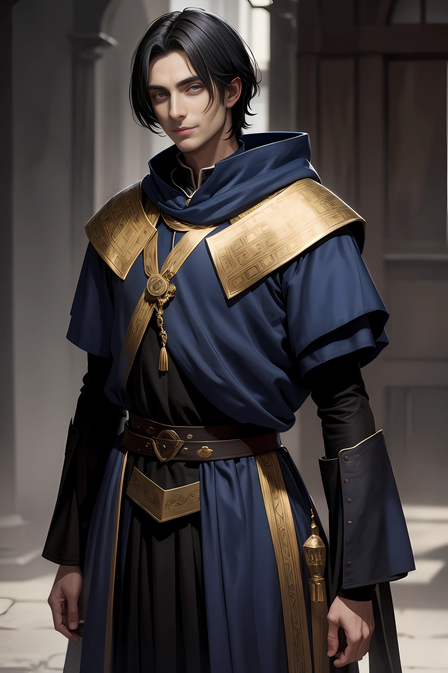 A handsome medieval man with handsome short black hair, British-style face, fair skin, dark blue pupils, showing a sly smile, wearing blue and white aristocratic clothing, with golden patterns all over the clothes, in a fantasy world world.