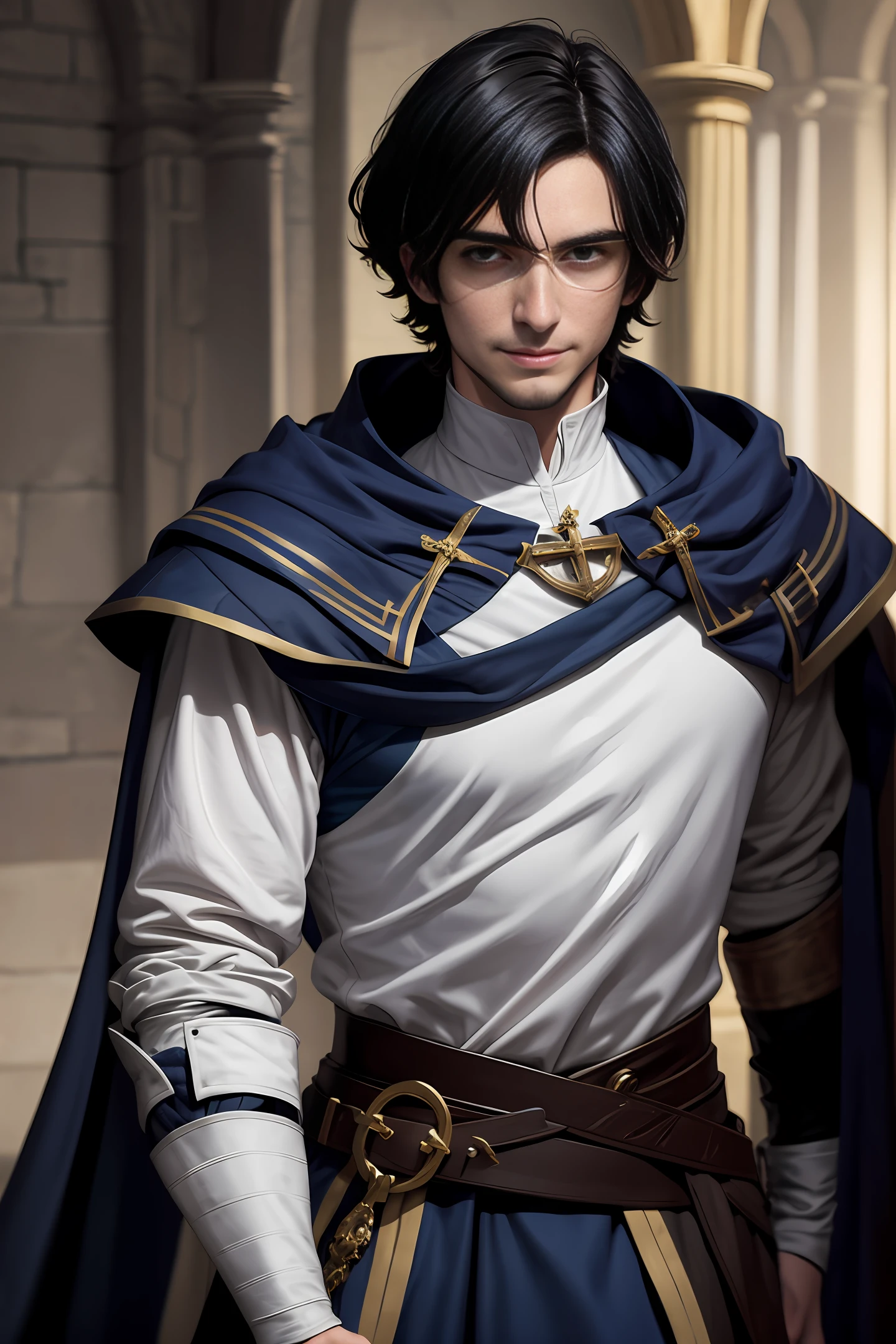 A handsome medieval man with handsome short black hair, British-style face, fair skin, dark blue pupils, showing a sly smile, wearing blue and white aristocratic clothing, with golden patterns all over the clothes, in a fantasy world world.