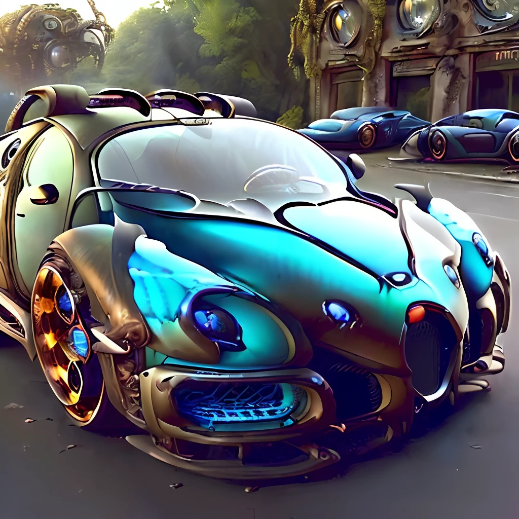 BugattiAI futuristic car, xenomorph body kit, (predator like design:1.1), (lora:BugattiAI:1.8), futuristic, (steampunk elemets on car:1.7) design elements, car bodykit has predator elements, (alien vs. predator),