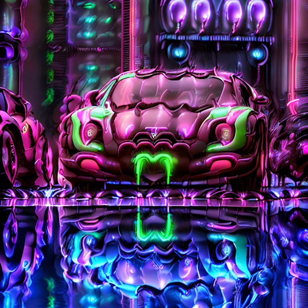 BugattiAI futuristic car, xenomorph body kit, (predator like design:1.1), (lora:BugattiAI:1.8), futuristic, (steampunk elemets on car:1.7) design elements, car bodykit has predator elements, (alien vs. predator), (neon light under car:2), (futuristic city at night as background:2), (reflections in puddles:2)